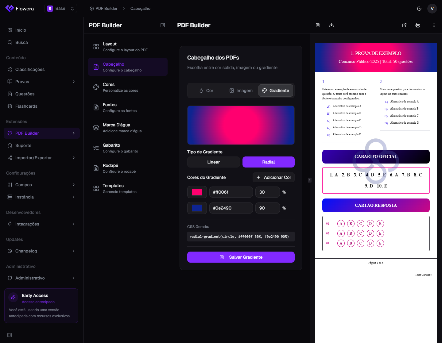 PDF Builder: o layout da prova impressa configurado e visto ao vivo