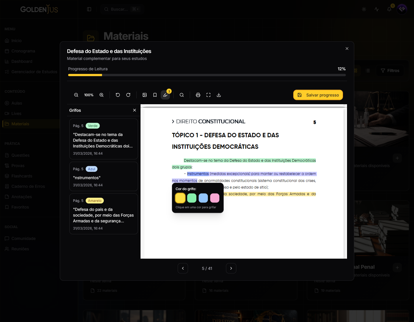 Leitor de PDF do material, com progresso de leitura, seleção de cor do grifo e a lista dos trechos destacados