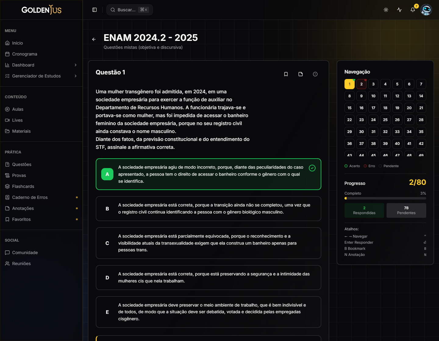 Resolução de uma questão da ENAM, com as alternativas, a resposta correta destacada e o painel de navegação entre as 80 questões
