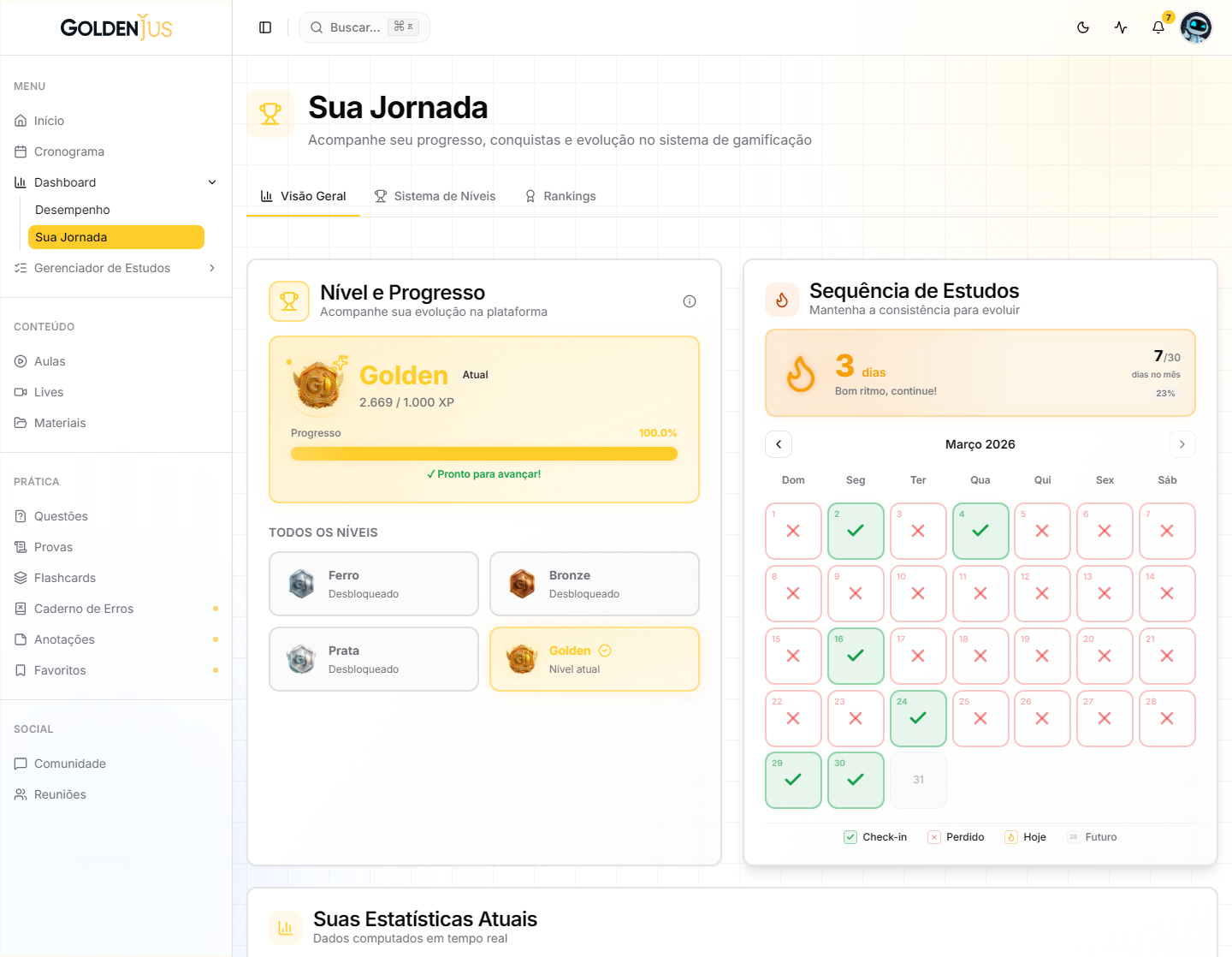 Tela Sua Jornada no tema claro, com o nível Golden, o progresso de XP e o calendário da sequência de estudos