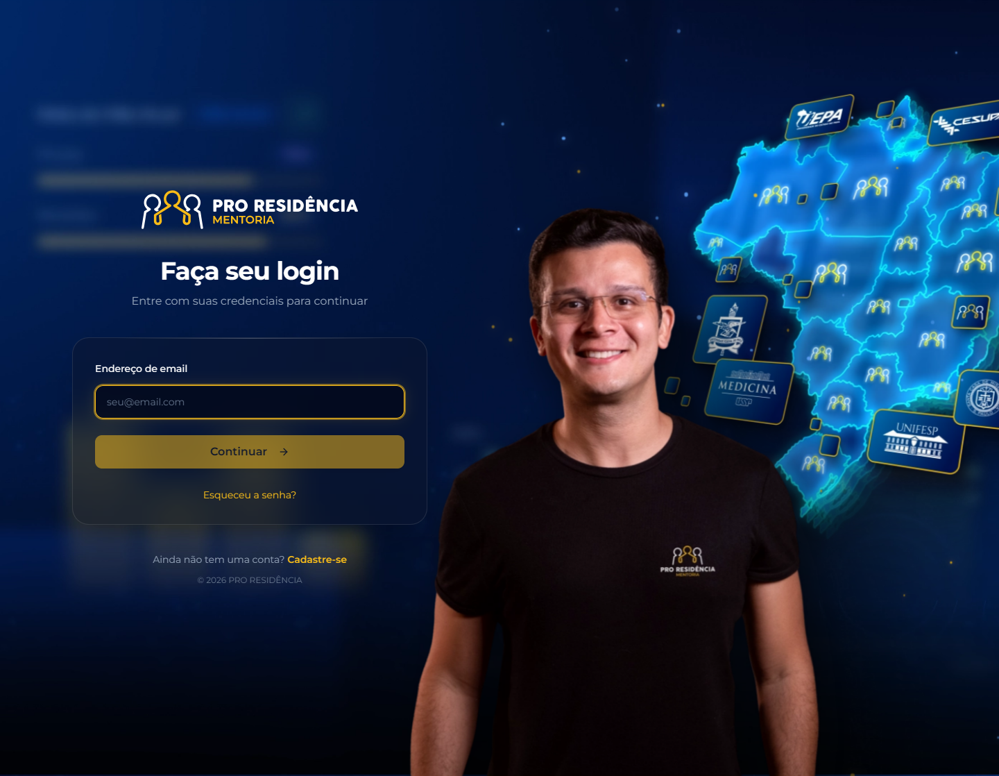 Tela de login do Pro Residência, com o mapa do Brasil iluminado em azul e os selos das instituições de residência ao fundo