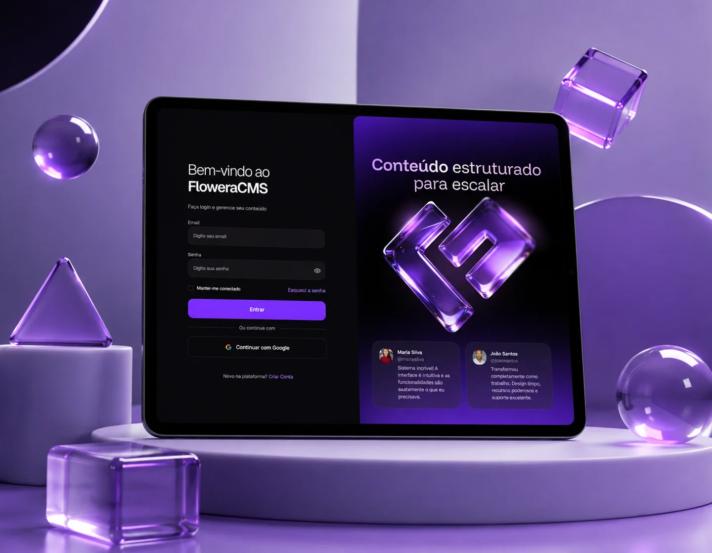 Tela de entrada do Flowera CMS num tablet: o formulário de login à esquerda e, à direita, o painel "Conteúdo estruturado para escalar" com a marca em vidro.